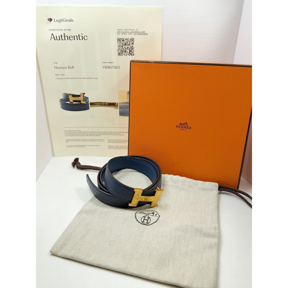Authentic HERMES H Logo Reversible Belt Strap Blue Gold Tone Buckle Kit 85